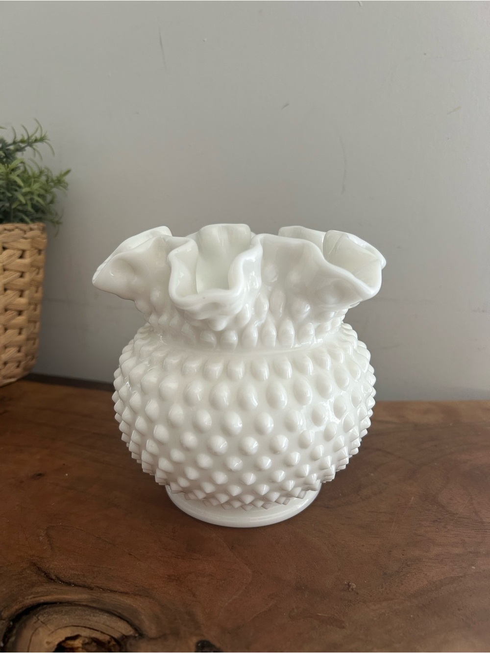 Vintage Fenton Hobnail Milk Glass Vase/Rose Bowl Crimped-Ruffled Edge 5"H White